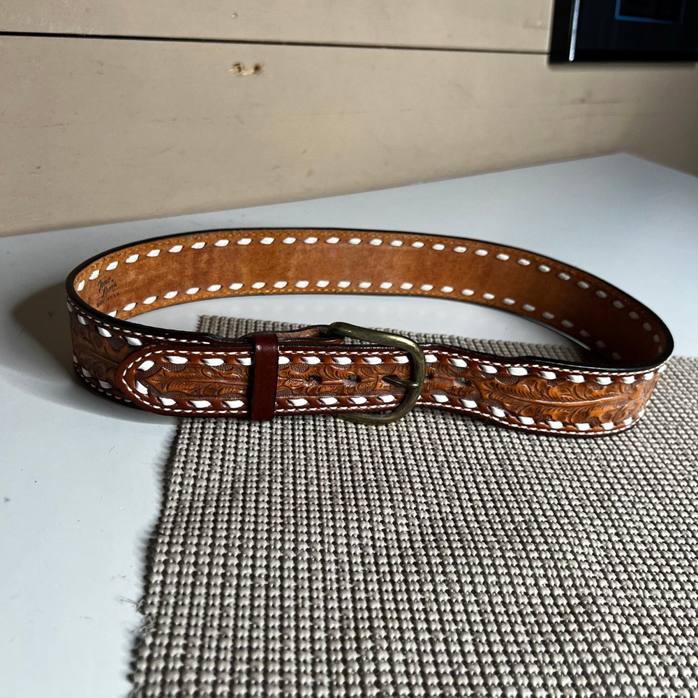Tony Lama Mens Brown Leather Tooled Buckstitch Western Belt 32 Don 48747 USA